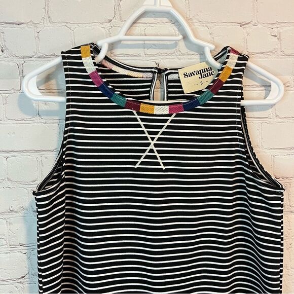 Savanna Jane Striped Stretch Knit embroidered Tank Top Black White Round Neck - Picture 2 of 6